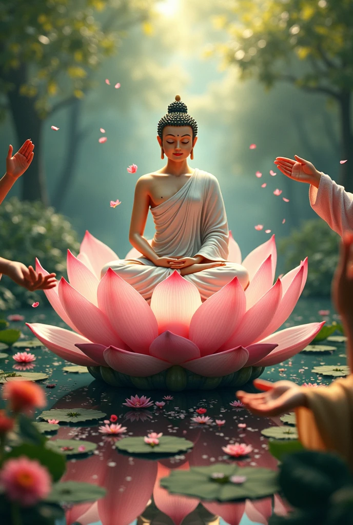The Buddha sits on the throne of the lotus flower, and many devotees come to worship the deity sprinkling flowers.