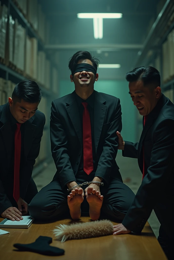 Malaysia malay handsome  21 years student 
He laugh very hard
His hand handcuff in  abondon warehouse 
Blindfolded
handcuff
Black Work Outfit Red tie
Focus feet on desk
feather duster on desk
Black sock  on desk
2  evil mafia rub  his feet
