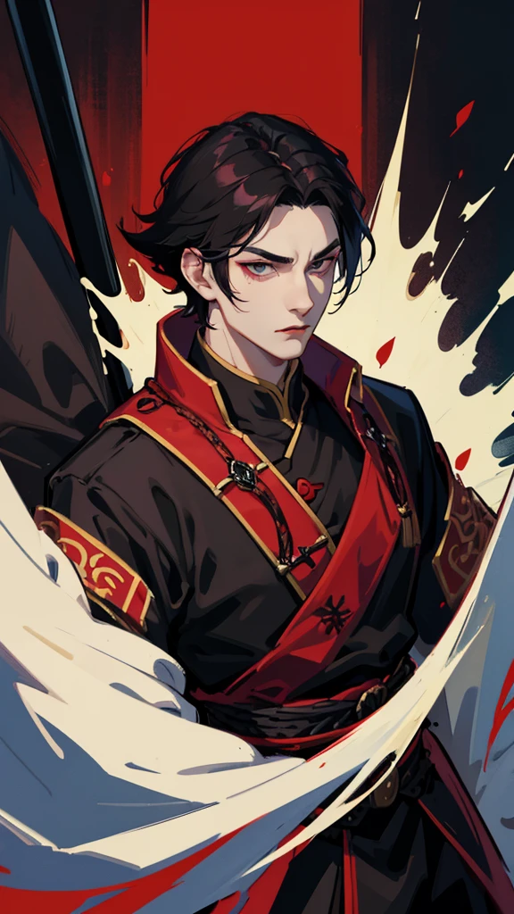 vampyre. Cao Cao. stark. Youngh. naughty man. brawny. . Stately. Dark black eyes. Black hair with red details. shorth hair. Russian general&#39;s outfit.