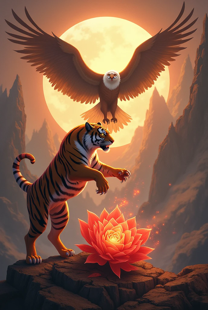 Create a 2d image A tiger animal is fighting with an eagle bird in front of a shining sun over a sacred rose of magical power