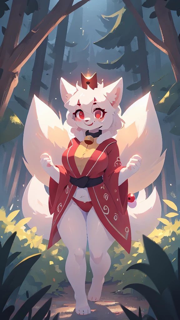 Female white and red kitsune, Mostley white fur, black crown, big breasts, big thighs, big ass, red patterns on body, red swirls on thighs, red tipped ears, 5 white fluffy tails with red tip attached to back of pelvis, five tails, multiple tails, Pretty red eyes, white fur tufts, wearing red and white robe/fleece that covers her chest and thighs and ass, smile,2d,4k,detailed,hi res,absurd res, collar with bell, bell in forest, happy, facing the camera, standing, red bracelet on left arm, tree background, pretty, cult leader,1woman,close up