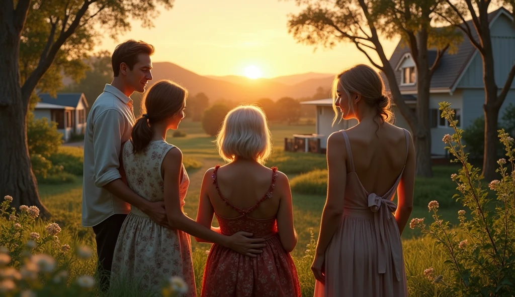 Super realistic images, 8K, three young couples around an elderly woman with silver hair under a tree in the middle of a small village situated between hills, fields and many trees, at dusk, view of the sun setting dyeing the sky orange and gold, narrow streets, old houses in the Australian style.