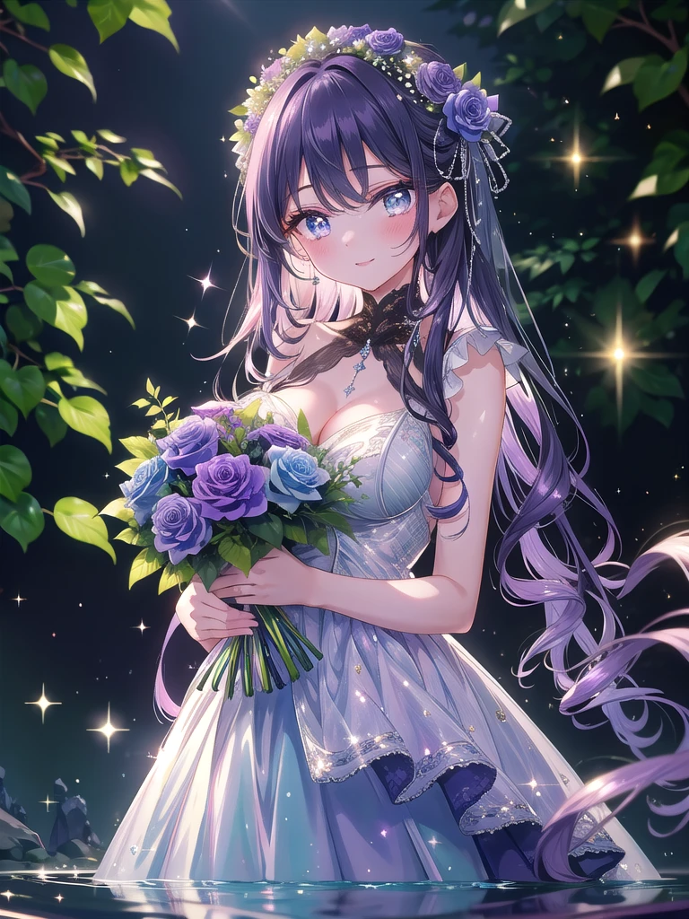 ((8k, Highest quality, masterpiece: 1.3)),Ultra-high resolution,(1 girl, alone), (Color changing eyes, Ultra-detailed, Expressive brilliance, Glitter, Glowing Eyes), Highly detailed eyes, Highly detailed face, Random Hair, ((pastel colour))Visualize a woman standing by a serene, outdoor water feature in a modern hotel courtyard, surrounded by sleek stone walls and lush green plants. She’s holding an elaborate bouquet of purple orchids, pink roses, and trailing ivy, wrapped in an elegant, sheer purple wrap with a silver ribbon. The bouquet is voluminous and arranged in a cascading style that covers her upper body, enhancing its luxurious and dramatic appearance. She’s dressed in a classy, sleeveless black jumpsuit with a fitted waist, her long hair styled in soft curls that fall elegantly around her shoulders. She faces the camera directly, her expression soft and heartfelt, with a subtle, joyful smile that captures her genuine desire to celebrate the moment. She offers the bouquet with both hands, her gesture sincere and welcoming. The background features the water feature with gentle ripples and reflections, along with soft sparkles that add an ethereal, celebratory effect to the sophisticated scene.

