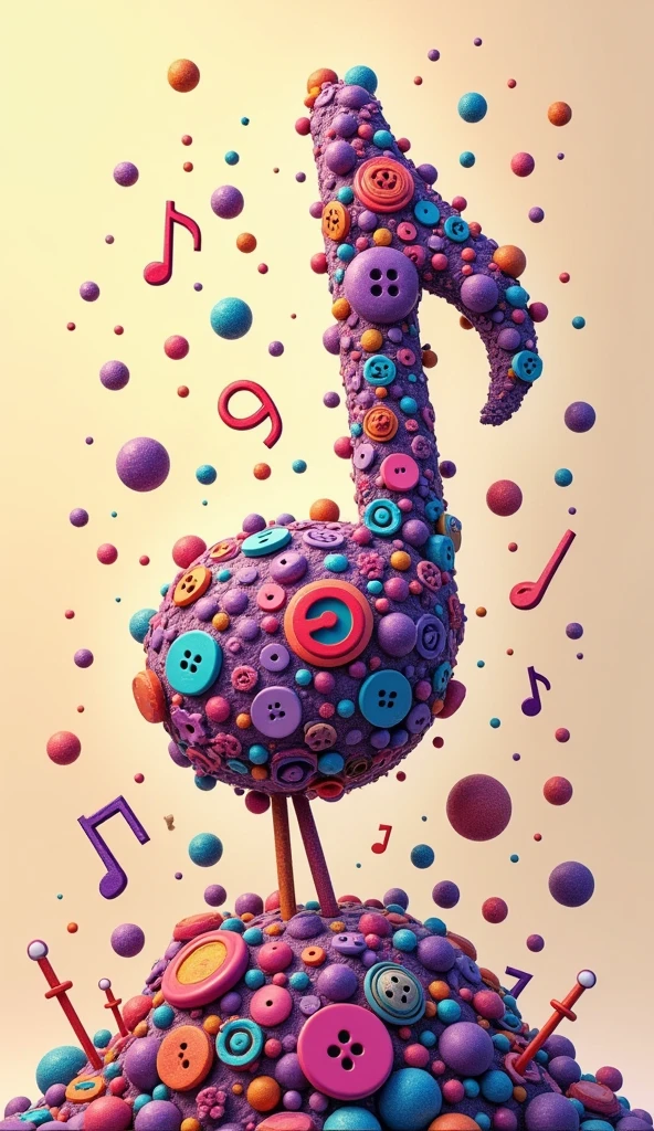 Create a YouTube banner image based on a colorful musical note composition. The centerpiece should be a large eighth note made up of various small objects and icons related to music. Include items like miniature instruments, buttons, beads, and small colorful spheres. The note should be primarily in shades of purple, pink, and blue. Scatter musical notation symbols around the main note. The background should be a warm, light beige color. Ensure the image is wide enough for a YouTube banner, maintaining a 16:9 aspect ratio. Add the channel name 'Tune Tapestry' in a playful, colorful font that complements the mosaic style of the musical not