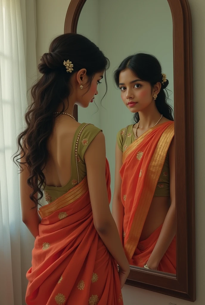 A girl in saree standing in fron of a mirror.
