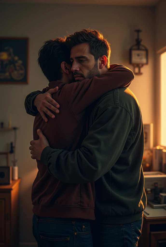 Two men hugging, in a room, one thinking about a motorcycle