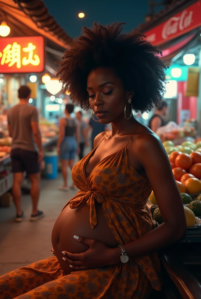 With a small pregnancy bump Generate an image of a gorgeous black curvy skinny beautiful lady with Afro hair sitting at a busy market at night looking sad