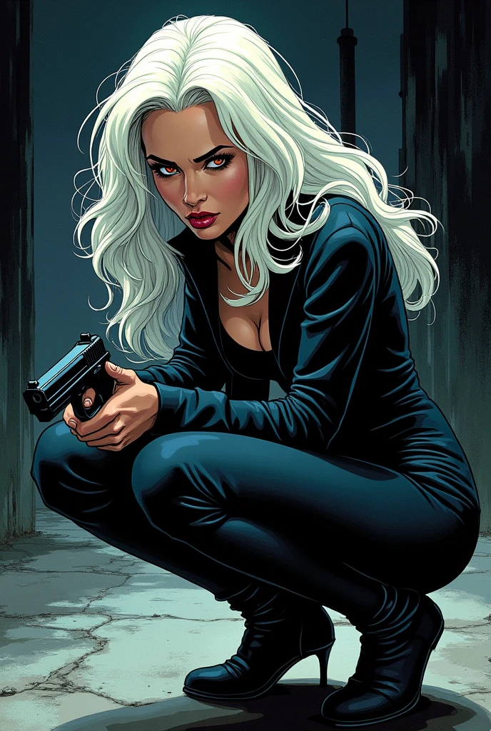 sexy girl comic illustration style, Retro style, comic, manga, marvel style, Dark, Violent, Armada, aggressive, dark, evil, malevolent, beautiful, white, night, Violento, sonrisa evil, aggressive, comic illustration, posing in profile with a gun in his hand, crouched, Marker drawing style