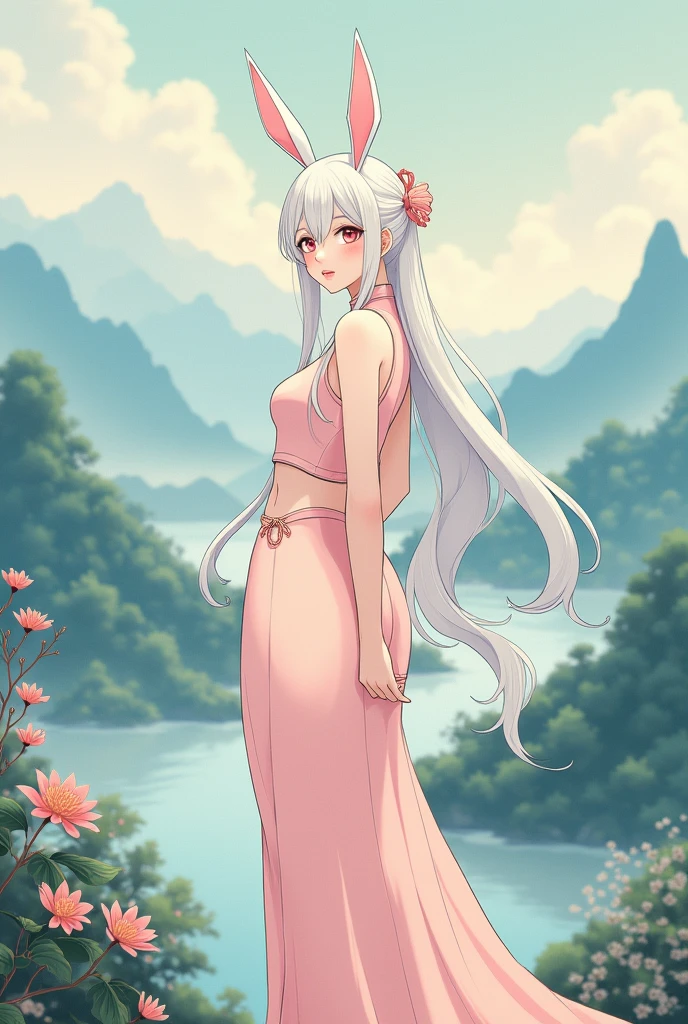 A landscape painting, illustration matte painting, , Chinese hyper reality, Chinese landscape, Inspired by Jana Inner Zen, Chinese-style painting, symmetric matte painting, Detailed scenery – width 672, japonisme,3d,8k,ultra - detailed, portrait of an anime waifu with white hair and white bunny ears in foreground, wearing a pastel pink outfit. big breasts, cute overload, arms behind back,
