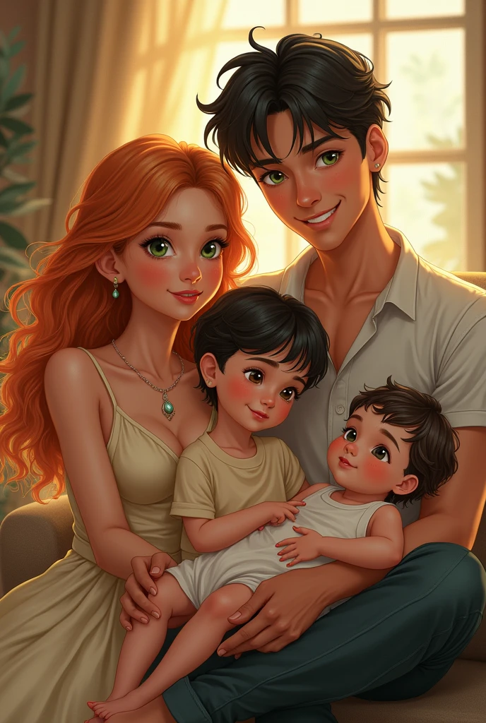 (best qualityer)), ((work of art)), (detailded), a woman with strawberry blonde hair and amber eyes wearing a beautiful, elegant and comfortable dress with her son with green eyes and strawberry blonde hair and her daughter with short wavy black hair and an extremely handsome man with a defined body, green eyes, short wavy black hair with a little baby girl on his lap, just like her father