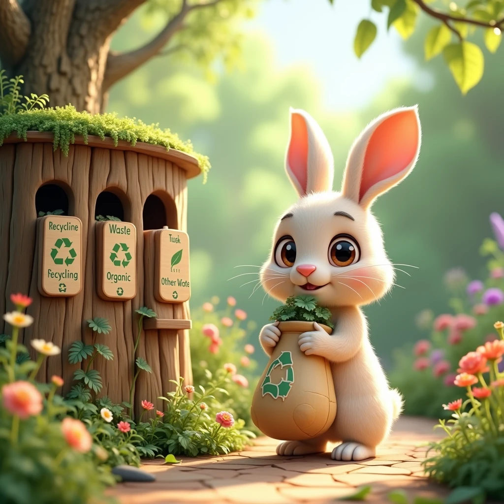 A cute rabbit is holding a bag of trash to throw into a bin in a colorful garden, which has three bins categorized for recycling, organic waste, and other waste, made from tree stumps