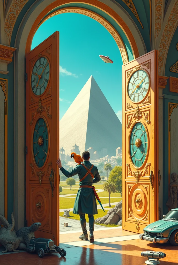Un homme avec des vêtements futuristes pousse des deux mains des portes futuristes avec des figures géométriques de couleurs différentes sur la porte et devant lui une pyramide avec de l'herbe et des animaux ,le tout ressemblent à la peinture que j'ai publié et un robot et à côté devant une des portes et le personnage caucasien avec un Péroqué sur l'épaule et un aspect baroque est légèrement ajouté une soucoupe volante est ajouté et un extra terrestre petit gris,le personnage se tient droits les jambes légèrement écartées en poussant les portes il y a des mécanismes et horlogerie sur les portes et une voiture ancienne améliorée venus du futur