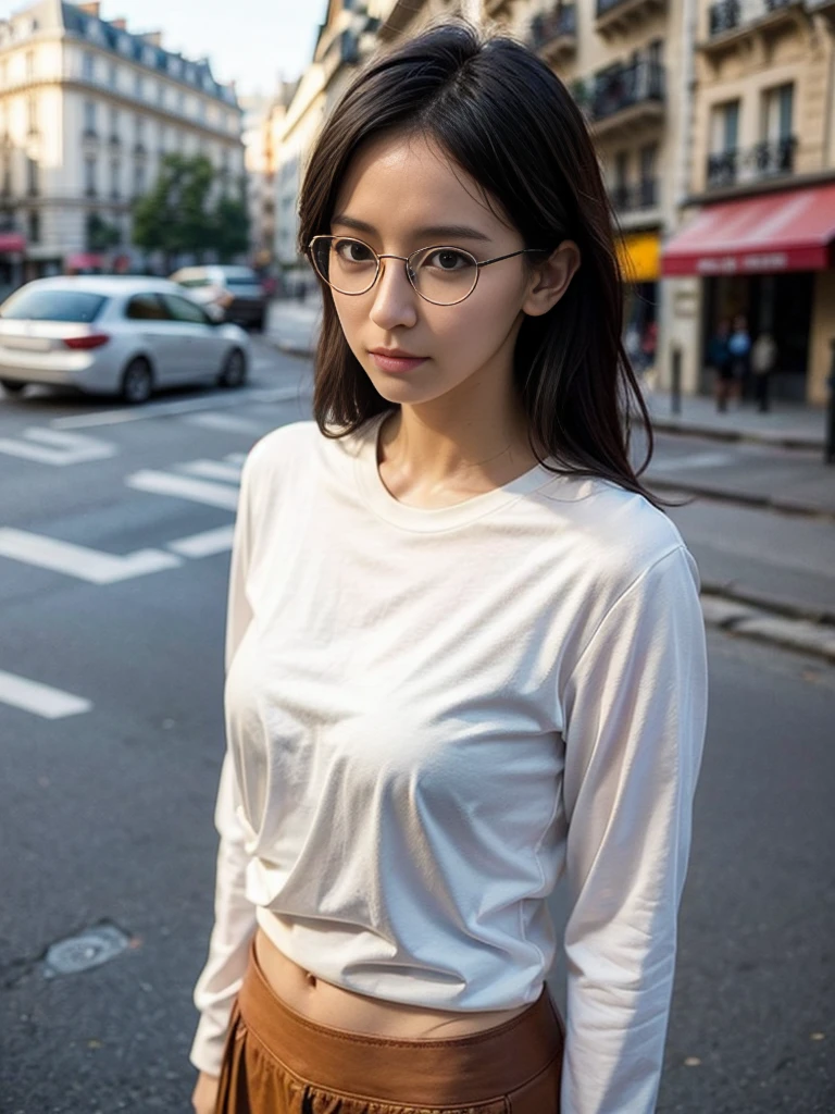 Photo of a beautiful woman standing on a street corner, (masterpiece:1.2, highest quality), (Realistic, photoRealistic:1.4), Beautiful illustrations, (Natural Side Lighting, Cinema Lighting), Written boundary depth, Beautiful thighs staring at the viewer, (((Face Focus, Upper Body))), 1 female, 30-year-old, alone, thin, slender, small breasts!!!, Loose curly hair, Bedhead, thin, slender, (((glasses))), long sleeve T-shirt, long sexy skirt, Are standing, Paris on a clear day with park in the foreground