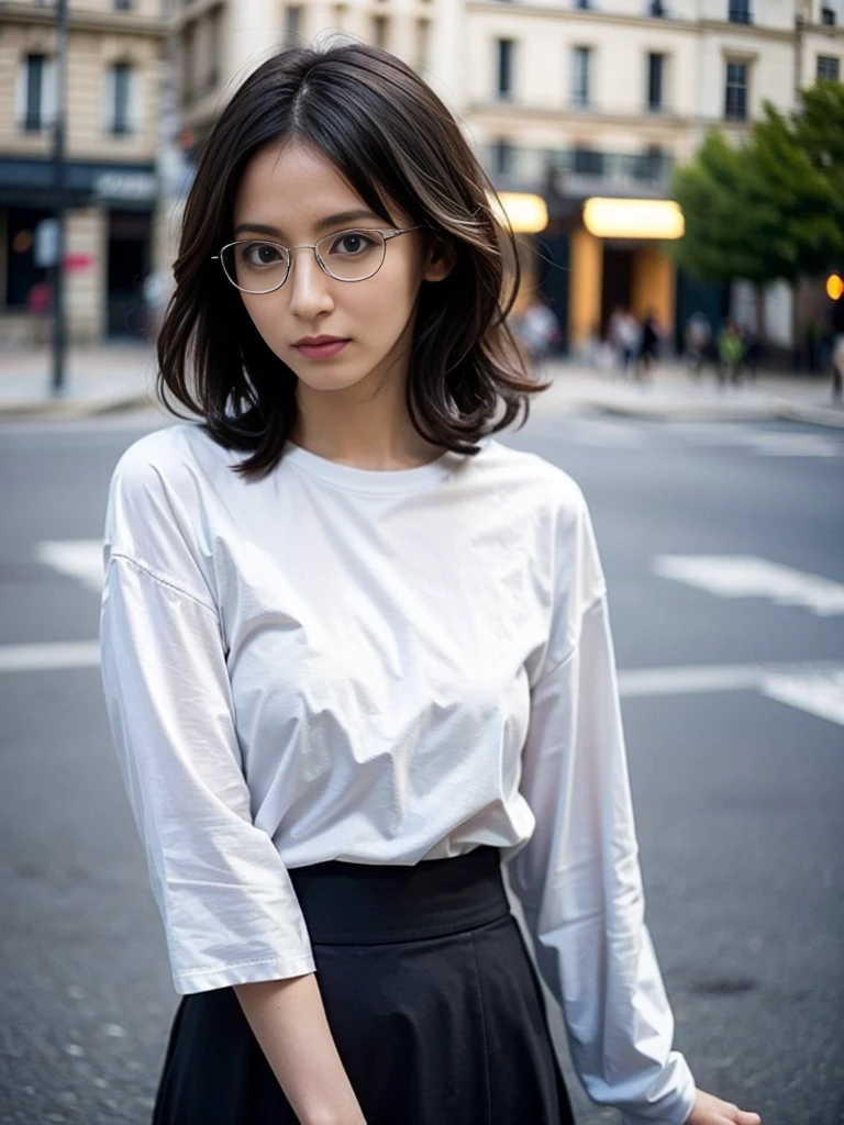 Photo of a beautiful woman standing on a street corner, (masterpiece:1.2, highest quality), (Realistic, photoRealistic:1.4), Beautiful illustrations, (Natural Side Lighting, Cinema Lighting), Written boundary depth, Beautiful thighs staring at the viewer, (((Face Focus, Upper Body))), 1 female, 30-year-old, alone, thin, slender, small breasts!!!, Loose curly hair, Bedhead, thin, slender, (((glasses))), long sleeve T-shirt, long sexy skirt, Are standing, Paris on a clear day with park in the foreground