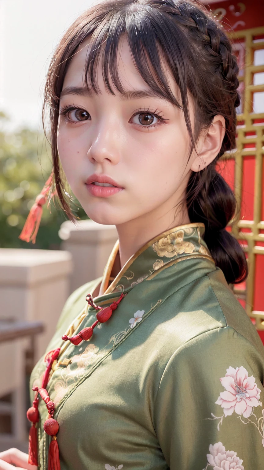 Realistic, masterpiece, Highest quality, Highest Resolution, Anatomically correct, Accurate Anatomy, 7 heads, Height: 165cm, One Japanese woman, profile, Staring at the audience, Smiling with an open mouth, Staring at the audience, Fine and beautiful eyes, Sparkling eyes, Thin eyebrows, Gives lashes a delicate finish, False eyelashes, (Chinese traditional makeup:1.2), (Dumpling+Braided hair, Blunt bangs, Brown Hair:1.2), Detailed face, Sharp Eyes, (Traditional Chinese Dress, Clothes that fit snugly to the body, Random Color:1.3), Upper body photo, Background like ink painting