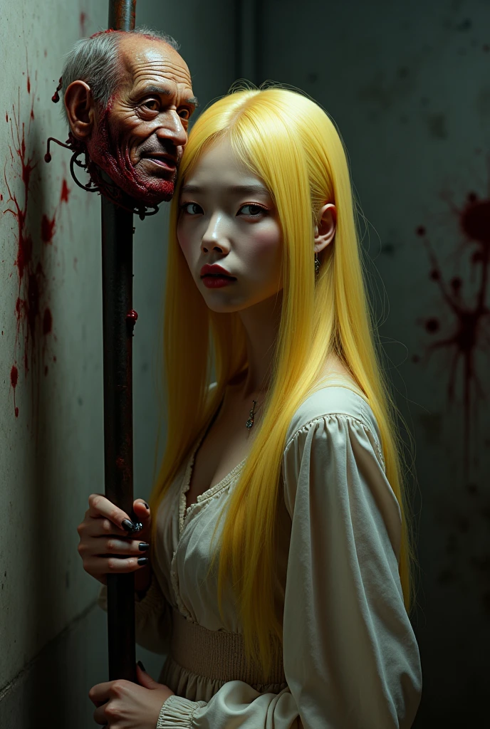(((photorealistic:1.4))), ultra realistic, pores, (((masterpiece))),high quality, ultra details, realistic white skin beautiful face pretty korean idol girl showing very long sharp black shiny fingernails, yellow slit eyes, smilling, long yellow hair, standing next to ugly old man head stabbed on the post with throat ripped, guts, deep cuts and wound, extreme gore, blood splatter everywhere, torture room