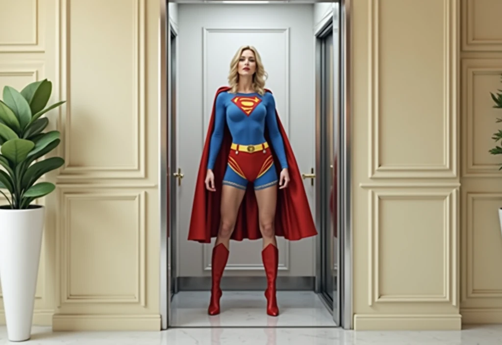 A beautiful Supergirl in a 1980s Superman costume, Julie Hagerty, stepping out of an elevator, high quality, photorealistic, 8k, cinematic lighting, dramatic pose, intricate details, warm color tones, volumetric lighting, elegant, heroic, dynamic