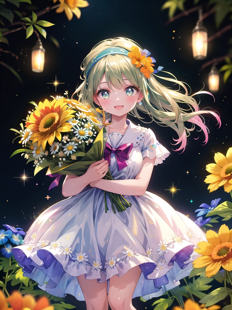 ((8k, Highest quality, masterpiece: 1.3)),Ultra-high resolution,(1 girl, alone), (Color changing eyes, Ultra-detailed, Expressive brilliance, Glitter, Glowing Eyes), Highly detailed eyes, Highly detailed face, Random Hair, ((pastel colour))Imagine a woman in a vibrant outdoor flower market, surrounded by colorful blooms in every direction. She’s holding an abundant bouquet of vivid orange marigolds, blue delphiniums, and white daisies, wrapped in bright yellow tissue paper with a playful bow. The bouquet is large and lush, extending outward with a cheerful mix of colors that draws attention to her happy expression. She’s dressed in a casual, yet stylish, olive green blouse and a knee-length denim skirt, her hair styled in loose waves with a trendy headband. She’s angled slightly to the left but looks directly at the camera with a bright, enthusiastic smile, her eyes sparkling with excitement and warmth. She extends the bouquet forward as if handing it over to a friend, her posture relaxed and inviting. The market’s background includes vibrant flower stalls, hanging string lights, and a bustling atmosphere, with gentle sparkles highlighting the festive, joyful mood of the scene.