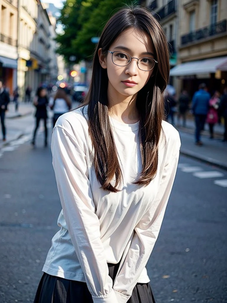 Photo of a beautiful woman standing on a street corner, (masterpiece:1.2, highest quality), (Realistic, photoRealistic:1.4), Beautiful illustrations, (Natural Side Lighting, Cinema Lighting), Written boundary depth, Beautiful thighs staring at the viewer, (((Face Focus, Upper Body))), 1 female, 30-year-old, alone, thin, slender, small breasts!!!, short hair, straight hair, thin, slender, (((glasses))), long sleeve T-shirt, long sexy skirt, Are standing, Paris on a clear day with park in the foreground