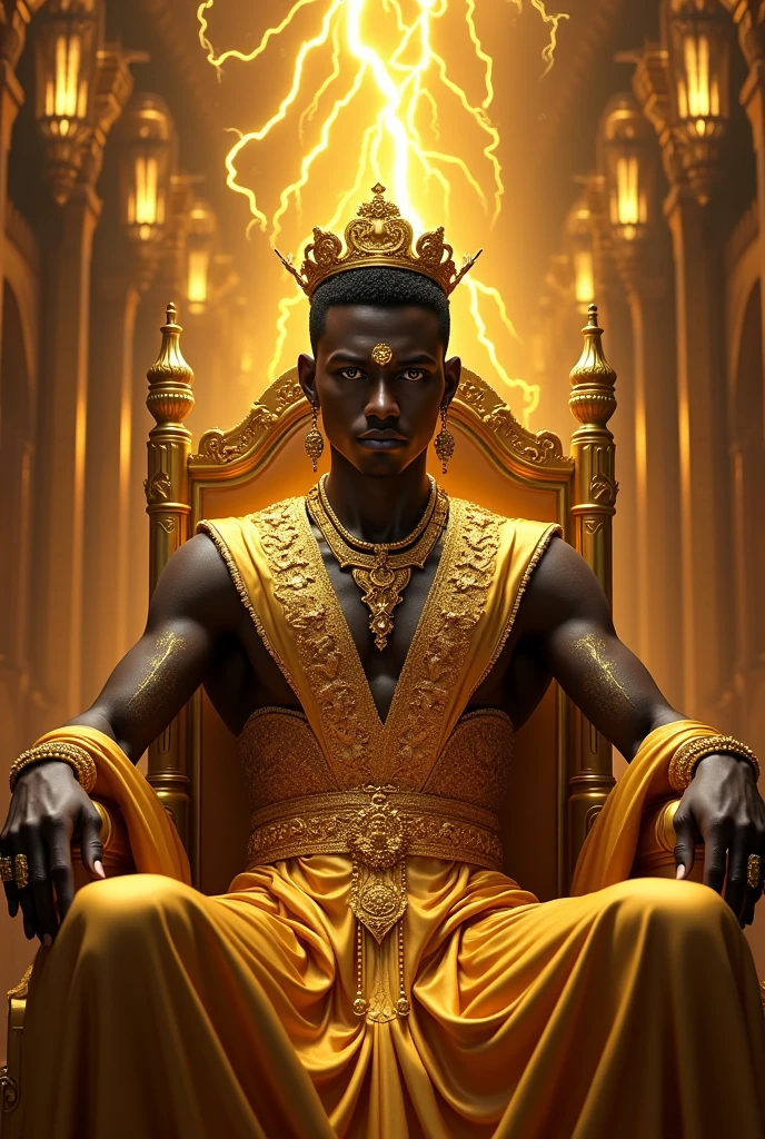 Black man in a golden and black hall. Upper Body encrusted in gold. Golden eyes. Sultry look. Short black hair. Golden crown on head that reaches his forehead. Long golden earrings. Full Finger Chinese style gold rings. Filled with golden lightening. Sitting on a throne. Ultra high quality.