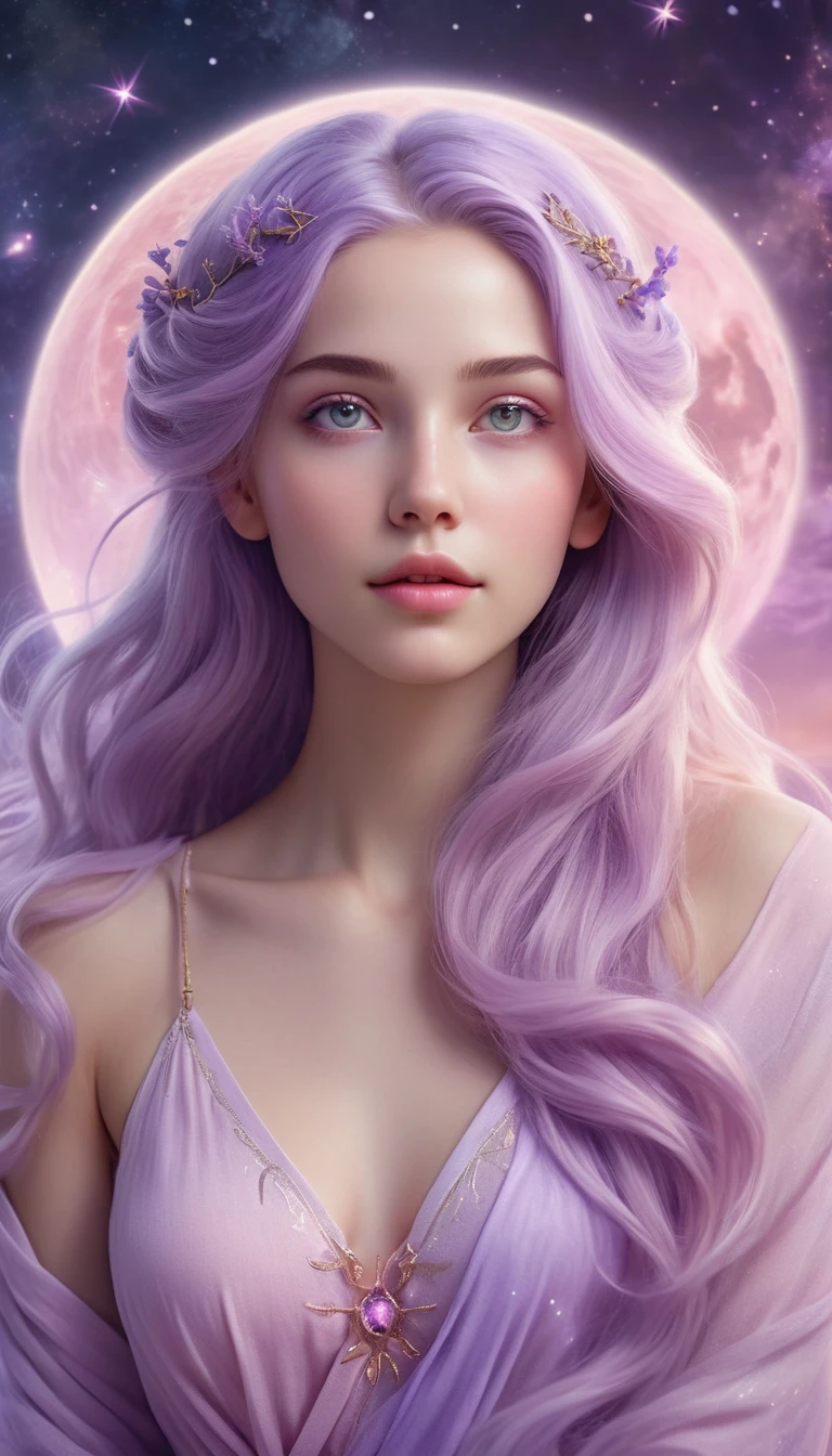 Serene woman, long soft lavender hair merging into cosmic waters, symbolizes Pisces, calm and hopeful expression, soft luminous skin, cosmic sky background, pastel pink and lavender tones with gentle starlight and glowing moon, mystical atmosphere, eyes with a powerful, dreamy glow, hidden strength, intuition, lavender tones in clothing, and soft pink light illumination, 4K digital artwork, ultra-realistic, high definition.