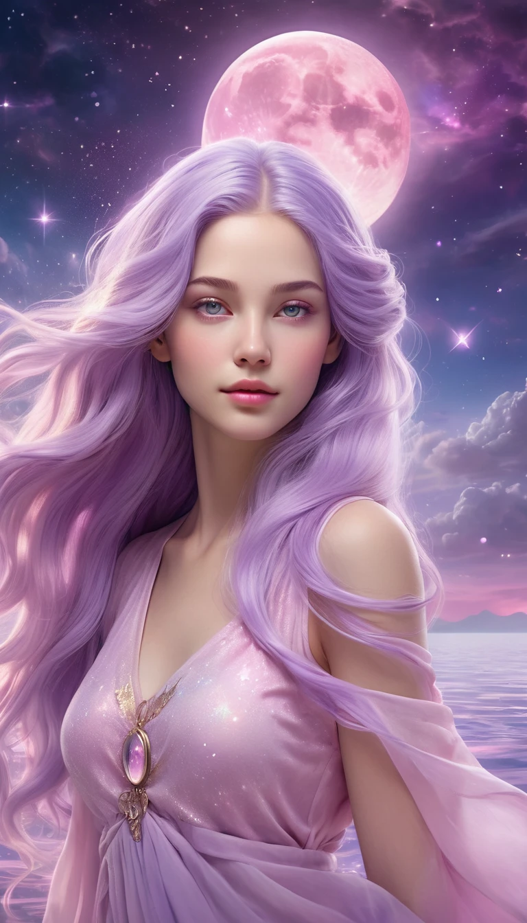 Serene woman, long soft lavender hair merging into cosmic waters, symbolizes Pisces, calm and hopeful expression, soft luminous skin, cosmic sky background, pastel pink and lavender tones with gentle starlight and glowing moon, mystical atmosphere, eyes with a powerful, dreamy glow, hidden strength, intuition, lavender tones in clothing, and soft pink light illumination, 4K digital artwork, ultra-realistic, high definition.
