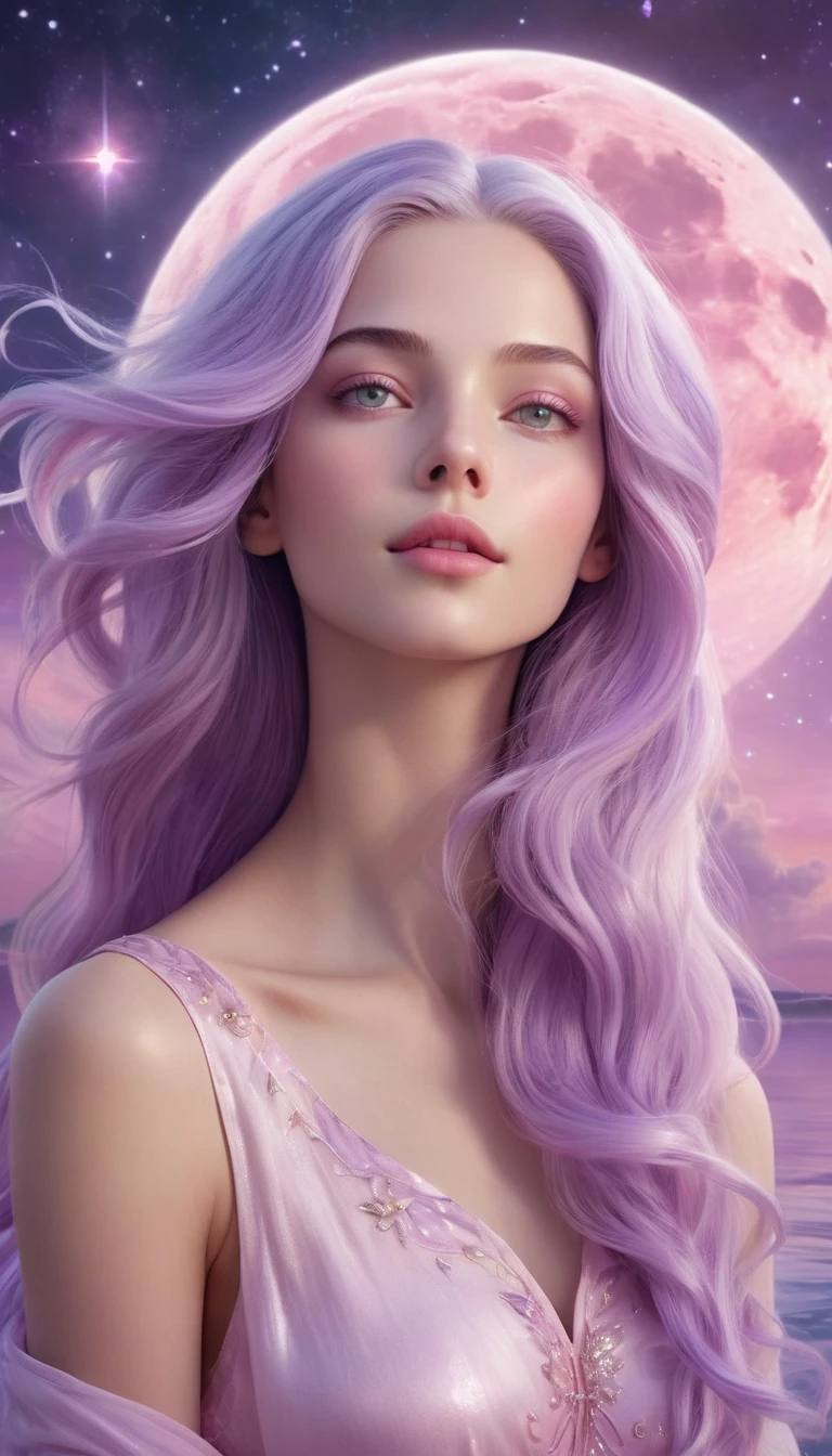Serene woman, long soft lavender hair merging into cosmic waters, symbolizes Pisces, calm and hopeful expression, soft luminous skin, cosmic sky background, pastel pink and lavender tones with gentle starlight and glowing moon, mystical atmosphere, eyes with a powerful, dreamy glow, hidden strength, intuition, lavender tones in clothing, and soft pink light illumination, 4K digital artwork, ultra-realistic, high definition.