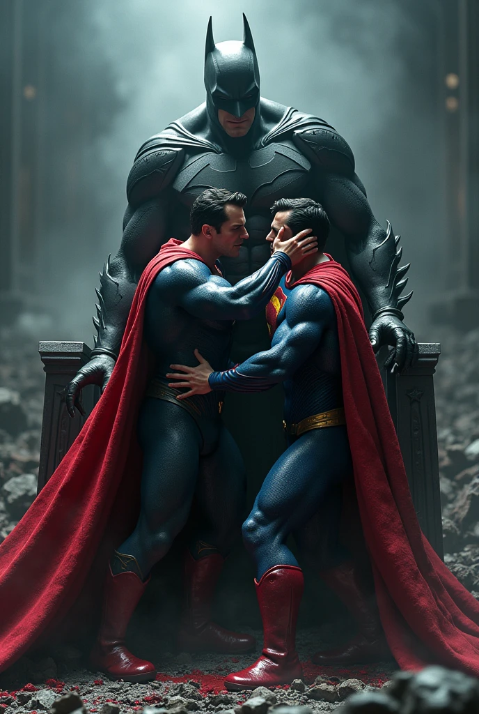 Batman and Superman like evil fight on dark throne and muh more blood