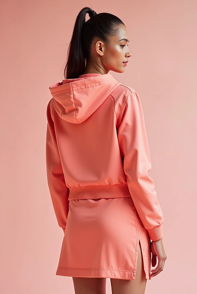 Make a short jacket-type suit with a hood and a skirt with slits on the sides with sports fabric that is comfortable but elegant at the same time in coral pink, a sporty and modern look