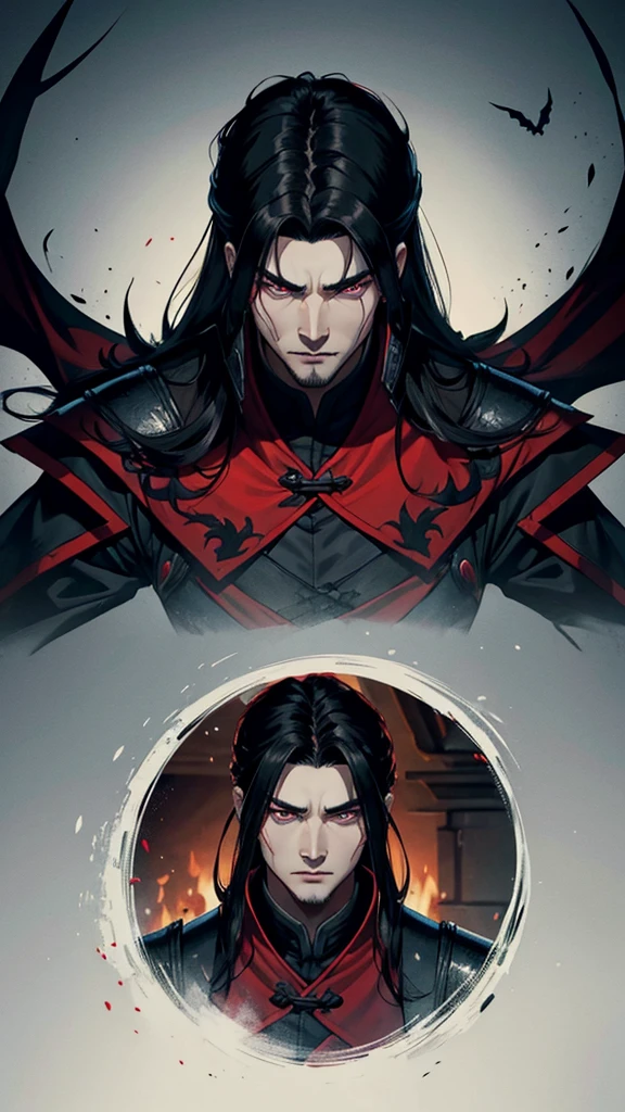 vampyre. Cao Cao. stark. Youngh. naughty man. brawny. . Stately. Dark black eyes. Black hair with red details. shorth hair. Russian general&#39;s outfit.