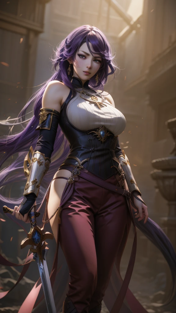 anime girl with purple hair and sword in a dark room, cushart krenz key art feminine, 2. 5 d cgi anime fantasy artwork, irelia from league of legends, krenz cushart and artgerm, ayaka genshin impact, keqing from genshin impact, extremely detailed artgerm, irelia, style artgerm