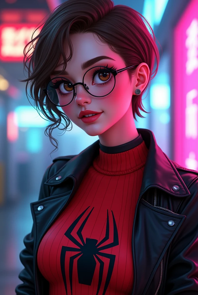 I want a girl, twenty years old, big brown eyes long eyelashes, black and brown eyeshadow makeup, small but fleshy mouth, brown pixie hair, a red fitted top with the spiderman logo on the chest over it a leather jacket, pierced ears black earrings, slim facial features but with defined cheekbones, smiling, wearing round clear glasses, with cyberpunk animation