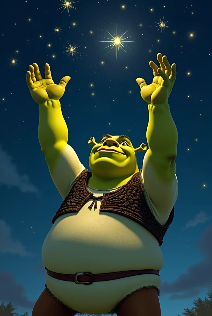 Shrek stretching his arms up as if he were catching stars 
