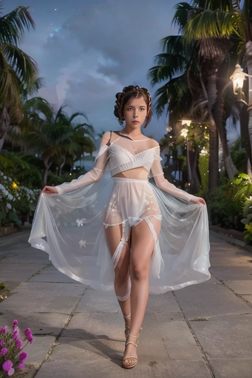 A cute Yuna (princess Leia cosplay, iconic hairdo, airy sheer white dress, no underwear, sandals) is strolling through an exotic flower garden, moonlit night
