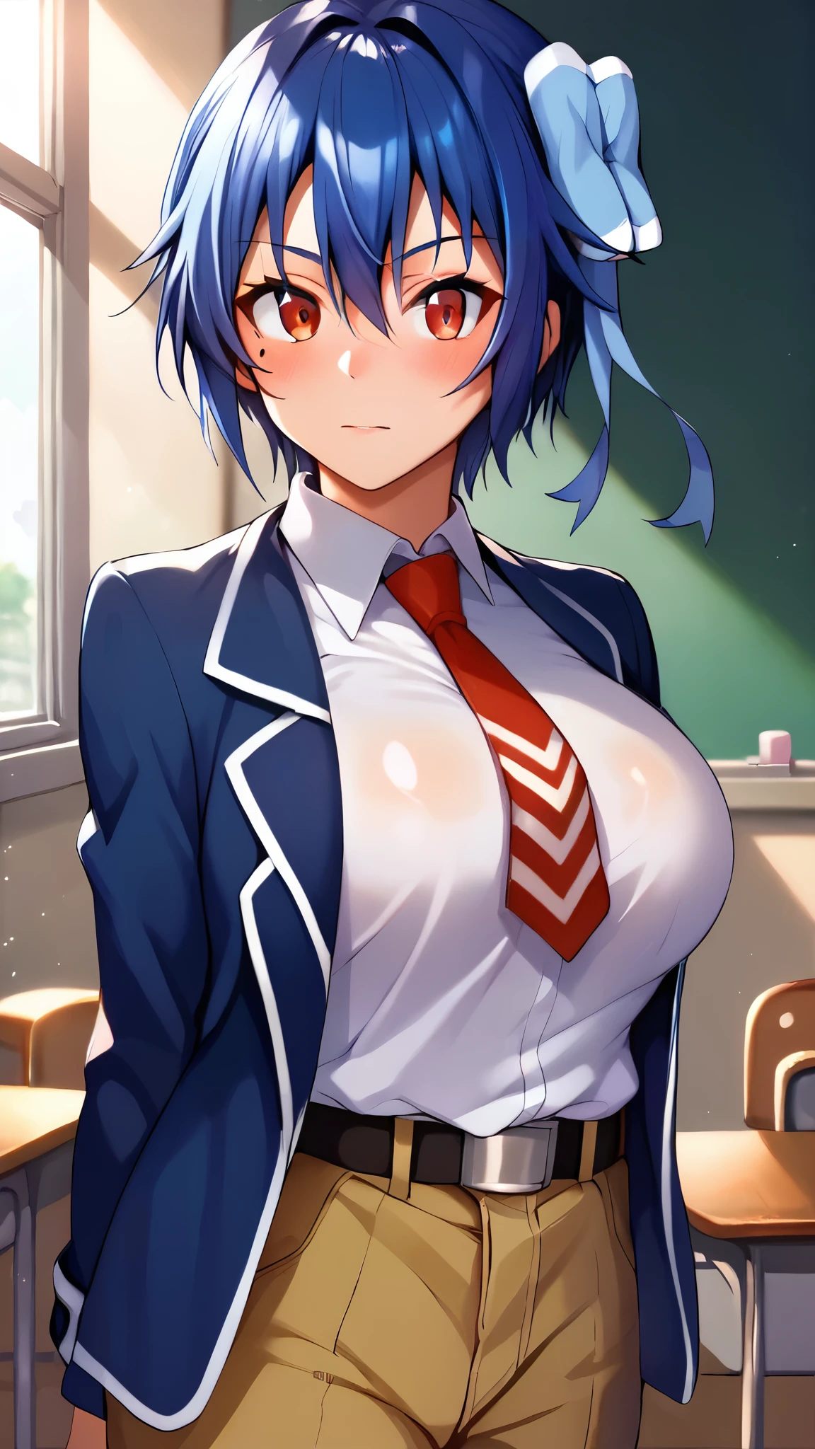 score_9, score_8_wonderful, score_7_wonderful, score_6_wonderful, sauce_anime, 1 person, solo BREAK tsugumi seishirou, Mole under the eye, Blue Hair, short hair, Hair Ribbon, Blue jacket, White shirt, Collared shirt, Red tie, belt, Brown pants, large breasts, blush, classroom