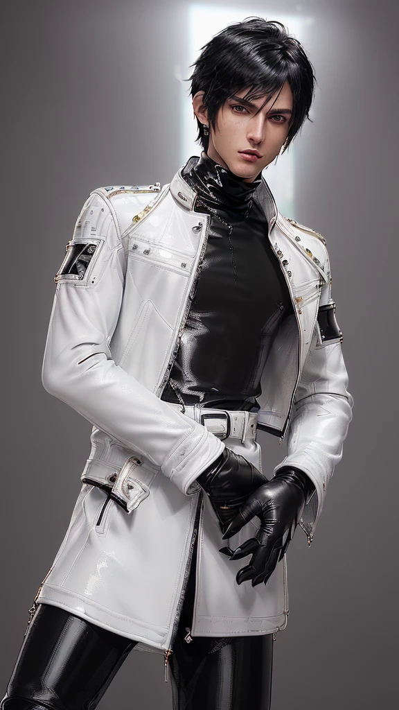 ((Final fantasy taste and reality graphics)), ((Japanese young cute and cool ikemen  boy)), his age is early 20s, thin eyebrows and beady eyes,  ((((he wearing white color and very shining brightly enamel leather very thick single-brest jacket)))), ((with epaulet)), ((enamel leather jacket close all zippers)),, ,(( jacket collar is very high length stand-up collar with belts)), , (((also wearing black color turtleneck very shining brightly enamel leather shirts))),  (((tight black and very shining brightly enamel leather pants))), ((((very shining brightly black enamel leather tight and thin glove)))), ((black color and vety shining brightly leather knee-high raceup boots)),head-to-toe, whole body, boy looks like fashion model,Do not show skin from the neck down,(((all his clothes are smooth design and very shining))),(((Avoid adding unnecessary decorations to your clothes))),(((all clothes is simple design and appearance))),(((don't wear jewelry on all clothes)))