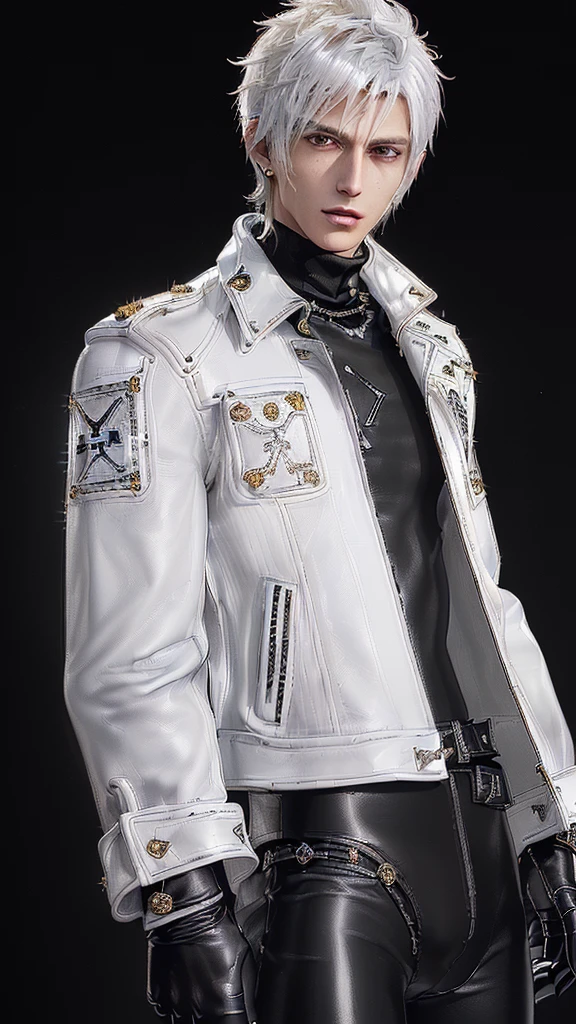 ((Final fantasy taste and reality graphics)), ((Japanese young cute and cool ikemen  boy)), his age is early 20s, thin eyebrows and beady eyes,  ((((he wearing white color and very shining brightly enamel leather very thick single-brest jacket)))), ((with epaulet)), ((enamel leather jacket close all zippers)),, ,(( jacket collar is very high length stand-up collar with belts)), , (((also wearing black color turtleneck very shining brightly enamel leather shirts))),  (((tight black and very shining brightly enamel leather pants))), ((((very shining brightly black enamel leather tight and thin glove)))), ((black color and vety shining brightly leather knee-high raceup boots)),head-to-toe, whole body, boy looks like fashion model,Do not show skin from the neck down,(((all his clothes are smooth design and very shining))),(((Avoid adding unnecessary decorations to your clothes))),(((all clothes is simple design and appearance))),(((don't wear jewelry on all clothes)))