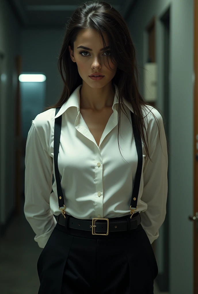 a woman in a suit, belt, hands behind back, sweating, suspenders, black pants, sexly, large breasts, see-through clothing,, detective, office worker, white button-up shirt, (best quality,4K,8k,highres,masterpiece:1.2),ultra-detailed,(realistic,photorealistic,photo-realistic:1.37),hyper-detailed,highly detailed face and body, Slender thin suspenders Moderate breasts See-through shirt Nipples holster chain Pistol Armament criminal Female criminal knife japanese profile Japanese women arrested handcuff Cable tie on thumb Restraint Fingercuffs