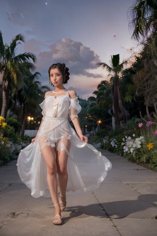 A cute Yuna (princess Leia cosplay, iconic hairdo, airy sheer white dress, no underwear, sandals) is strolling through an exotic flower garden, moonlit night
