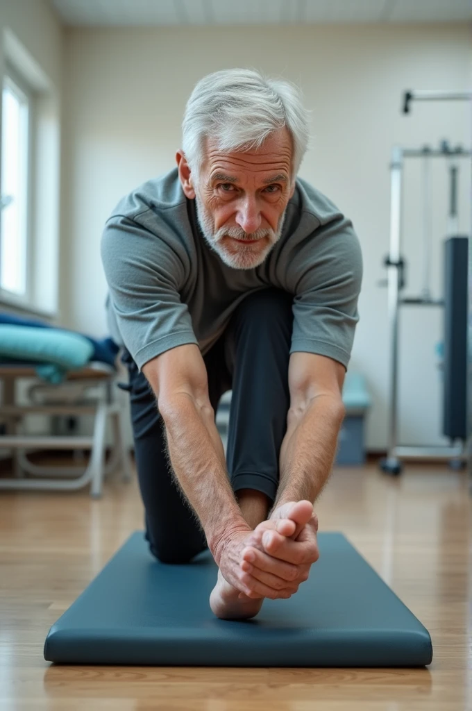 Elderly man performing hamstring stretch by reaching for his toes in a physical therapy clinic 