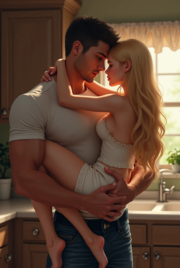 A petit, beatiful, delicate woman with long blond hair, being held by a tall and muscular man, with no beard, black hair. In a kitchen. 