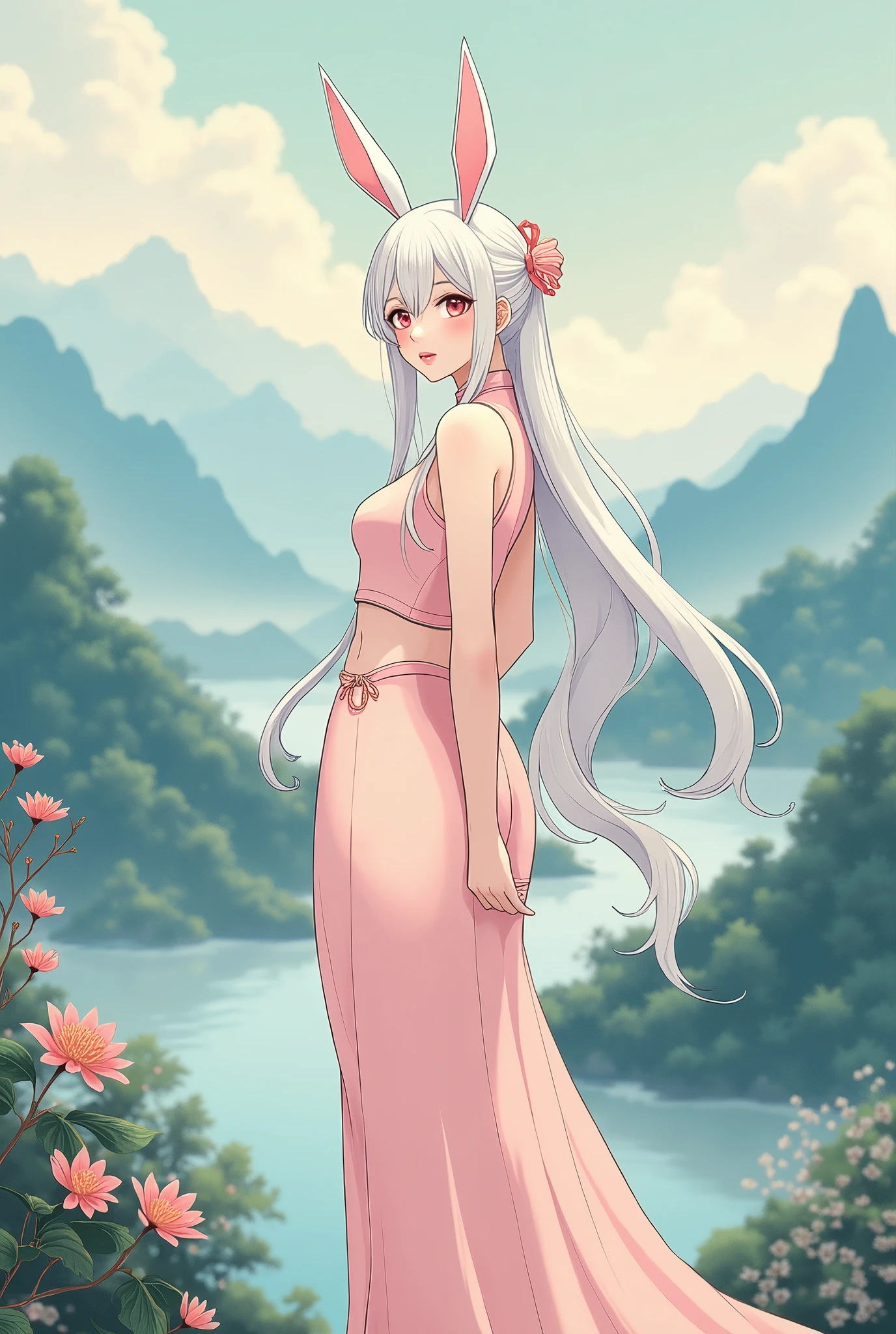 A landscape painting, illustration matte painting, , Chinese hyper reality, Chinese landscape, Inspired by Jana Inner Zen, Chinese-style painting, symmetric matte painting, Detailed scenery – width 672, japonisme，3d，8k，ultra - detailed, portrait of an anime waifu with white hair and white bunny ears in foreground, wearing a pastel pink outfit. big breasts, cute overload, arms behind back, 
