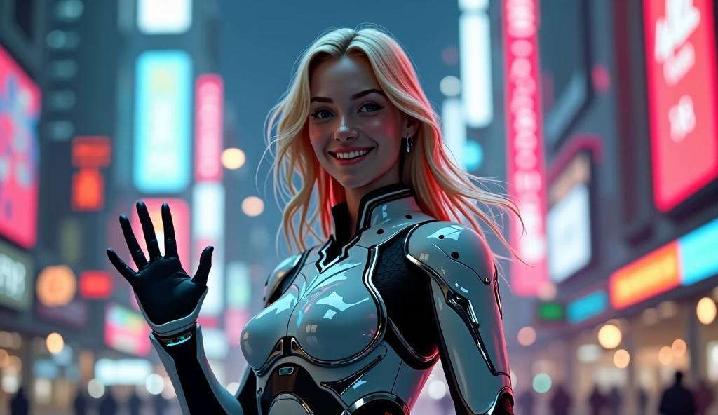 Keep the armor futuristic technology. You do NOT have to wear a helmet. I want it to be seen that it is a female human person maintaining the futuristic work. Place it in a city with RTX neon highlights. The character must be facing forward with his hand waving, smiling. Make the image lighter and the background darker. Blonde hair character.