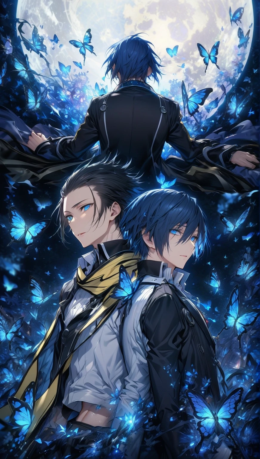 absurdres, highres, ultra detailed, HDR, masterpiece, extremely detailed face and eyes, perfect face, Mochizuki Ryouji, black hair, hair slicked back, expressive blue eyes, Persona 3, Yuki Makoto, dark blue hair, expressive blue eyes, two men together, gay couple, yaoi, handsome, white shirt, yellow scarf, black jacket, blue moon, blue butterflies, magical, fantasy, glittering, blue dust