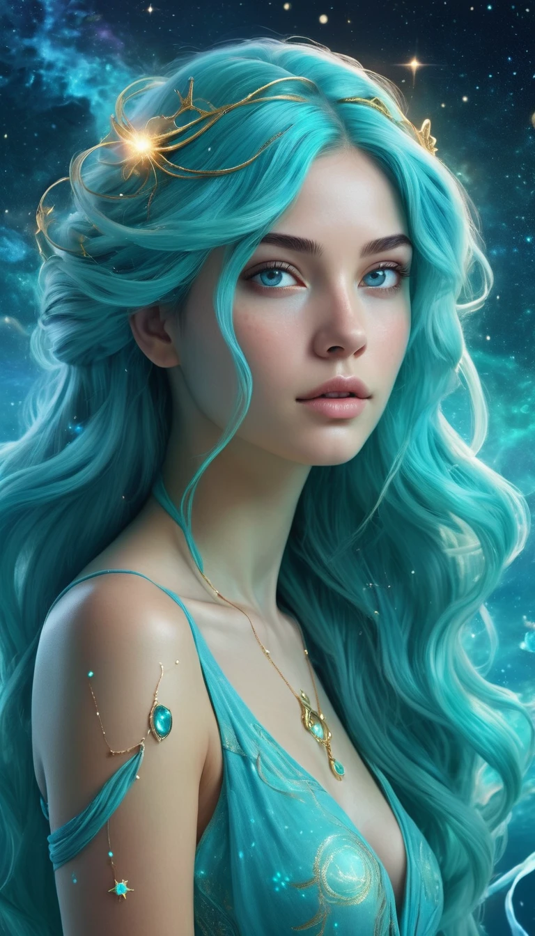 Serene woman, long aquamarine hair merging into cosmic waters, symbolizes Pisces, tranquil and inspired expression, soft luminous skin, cosmic sky background, aqua blue and turquoise hues with swirling nebulae and bright constellations, mystical atmosphere, eyes with a powerful, intuitive glow, hidden strength, intuition, aqua tones in clothing, and turquoise light illumination, 4K digital artwork, ultra-realistic, high definition.