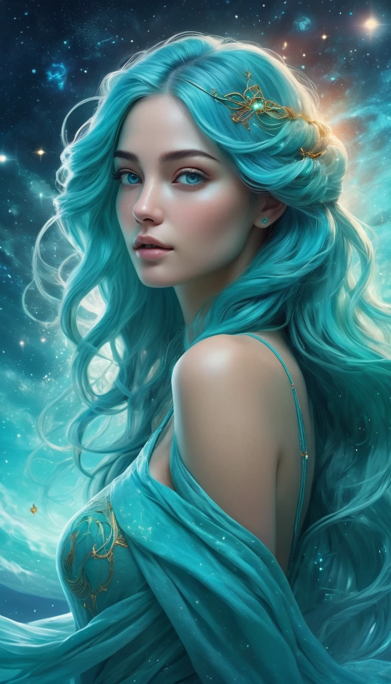 Serene woman, long aquamarine hair merging into cosmic waters, symbolizes Pisces, tranquil and inspired expression, soft luminous skin, cosmic sky background, aqua blue and turquoise hues with swirling nebulae and bright constellations, mystical atmosphere, eyes with a powerful, intuitive glow, hidden strength, intuition, aqua tones in clothing, and turquoise light illumination, 4K digital artwork, ultra-realistic, high definition.