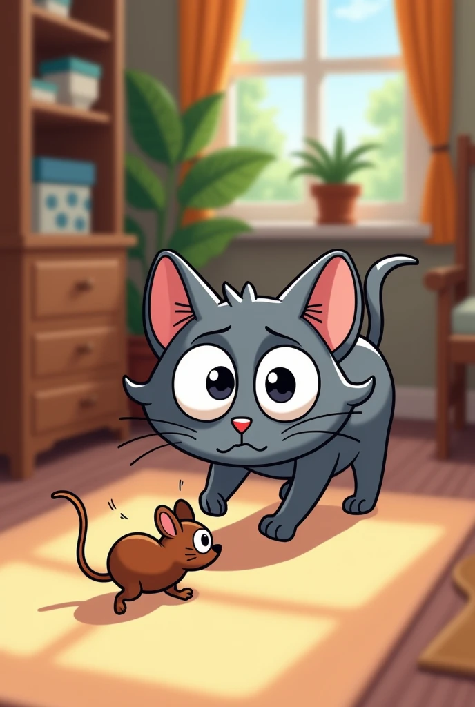 Gray cat catching a brown mouse inside a room Cartoon