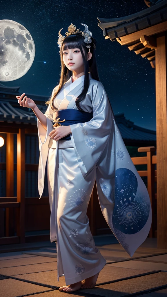 **Prompt:** Create an ultra-realistic 8K resolution image of Tsukuyomi, the Japanese moon god from Shinto mythology, depicted as a majestic and serene figure. Tsukuyomi has an ethereal and otherworldly beauty, with long, flowing silver hair that glimmers like moonlight. His eyes are deep and calm, reflecting the tranquil glow of the moon. He wears a traditional Japanese kimono adorned with intricate silver and blue patterns, symbolizing the night sky and celestial elements. 

In one hand, he gently holds a crescent moon, radiating a soft, luminous light, while his other hand gracefully holds a staff with a crescent-shaped ornament at the top. The background features a vast, starry night sky with a full moon shining brightly, casting a serene and mystical atmosphere. The setting is an ancient Japanese temple, with traditional architecture and delicate lanterns illuminating the surroundings. Tsukuyomi stands as a figure of calm and divine authority, blending the sacredness of Shinto mythology with the serene beauty of the moonlit night.