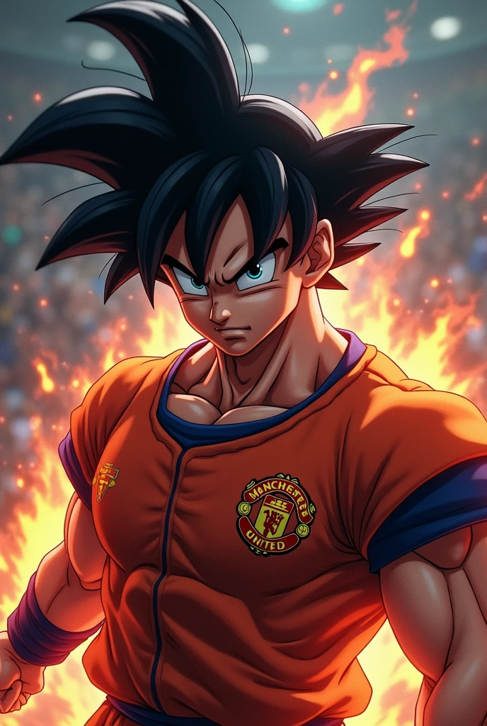 Son Goku, A muscular man with spiky black hair, beautiful detailed eyes, beautiful detailed lips, extremely detailed eyes and face, long eyelashes, wearing a Manchester United soccer jersey, hyperrealistic, 8k, high detailed, best quality, photorealistic, physically-based rendering, vivid colors, dramatic lighting, dramatic shadows, dynamic pose, action, sports, anime, manga