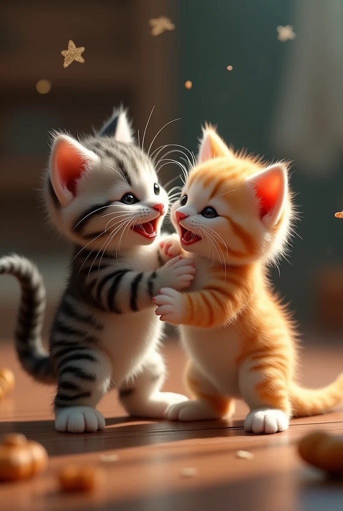 an anthropomorphic kitten, with his  brother fighting, cinematic, ultra-realistic, ultra-realistic 3D 16k.